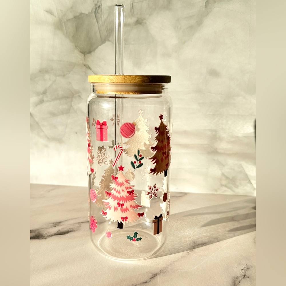 Holiday Glass Tumbler with Straw - Bamboo Lid and Festive Design